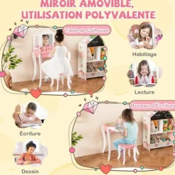 COSTWAY Sminkbord>toalettbord för barn med pall och avtagbar 3-faldig spegel, sminkbord med låda och anti-tilt-enhet
