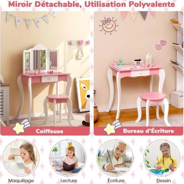 COSTWAY Sminkbord>toalettbord för barn med pall och avtagbar 3-faldig spegel, sminkbord med låda och anti-tilt-enhet