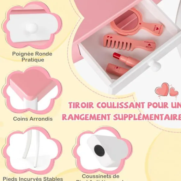 COSTWAY Sminkbord>toalettbord för barn med pall och avtagbar 3-faldig spegel, sminkbord med låda och anti-tilt-enhet