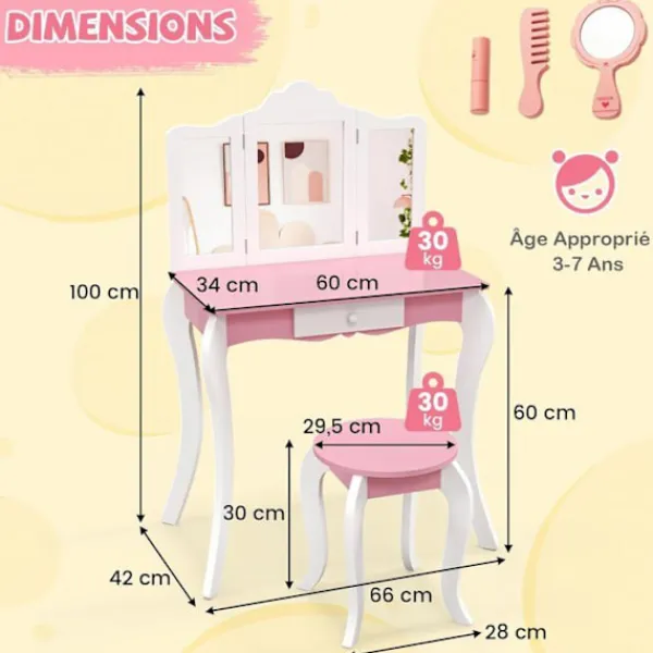 COSTWAY Sminkbord>toalettbord för barn med pall och avtagbar 3-faldig spegel, sminkbord med låda och anti-tilt-enhet