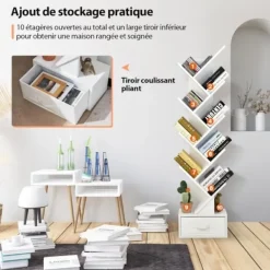 COSTWAY Hyllor>Trädformad bokhylla, modern bokhylla med tyglåda för kontor, arbetsrum och vardagsrum, vit