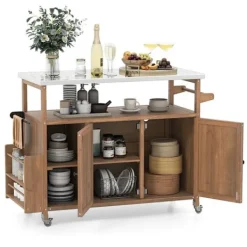 COSTWAY Köksö>Trädgårdsgrillvagn i trä med 2 hyllor, låsbara hjul, öppen hylla och handdukshållare för picknick