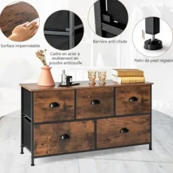 COSTWAY Kistor & Koffertar>Tyg byrå med 5 icke-vävda lådor, 100 x 30 x 54 cm Förvaringsskåp, metallstomme, skåp, vardagsrum, sovrum