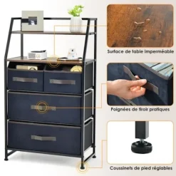 COSTWAY Byråer>Tyg byrå med 4 lådor, 2 hyllor, byrå Förvaringsskåp Metallstomme för vardagsrum, hall, 84 x 30 x 85 cm