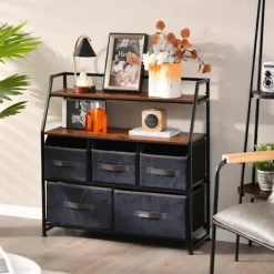 COSTWAY Byråer>Tyg byrå med 5 lådor, 2 hyllor, byrå Förvaringsskåp Metallstomme för vardagsrum, hall, 84 x 30 x 85 cm