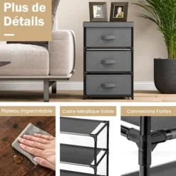 COSTWAY Byråer>tygbyrå med 3 lådor 48 x 20 x 76 cm, med metallram, förvaringslådenhet för sovrum, industri, grå