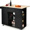 COSTWAY Köksö>Vagn/vagn på hjul med hopfällbar gummiträdisk Kök Central Island med kryddställ Svart