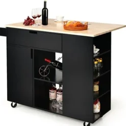 COSTWAY Köksö>Vagn/vagn på hjul med hopfällbar gummiträdisk Kök Central Island med kryddställ Svart