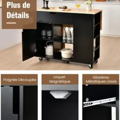 COSTWAY Köksö>Vagn/vagn på hjul med hopfällbar gummiträdisk Kök Central Island med kryddställ Svart