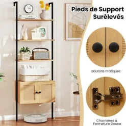 COSTWAY Hyllor>Vägghylla Stege 184 cm med 5 nivåer, Rotskåp, Metallram, Öppen hylla för Vardagsrum Kontor, Naturlig