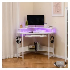 COSTWAY Kontorsmöbler>Vinkelkontor med Laddstation - LED - Fack för Tangentbord - Stöd för Skärm, Krokar och Hylla, 80x80x88cm Vit