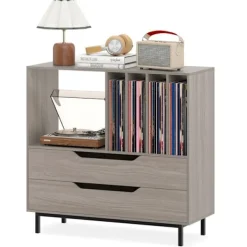 COSTWAY Sideboards>Vinylskivlagring med 2 lådor, 5 fack, 4 hyllor, för vardagsrum, musikrum, grå