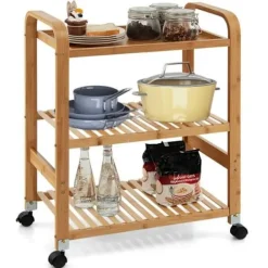COSTWAY Köksö>3-vånings köksvagn i bambu, köksvagn med 4 hjul (2 låsbara), 58 x 33 x 76 CM, naturlig