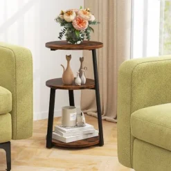 COSTWAY Småbord>3-vånings runt soffbord, sidobord med justerbara glider, industriellt sängbord för kontor i vardagsrummet i sovrummet | Fyndiq