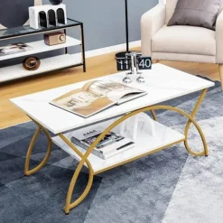 COSTWAY Soffbord>2-vånings soffbord med marmortryck 100x50x45 CM, vardagsrumsbord med guldmetallram, justerbara fotkuddar