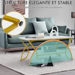 COSTWAY Soffbord>2-vånings soffbord med marmortryck 100x50x45 CM, vardagsrumsbord med guldmetallram, justerbara fotkuddar