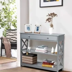 COSTWAY Sideboards>-konsol, entréenhet - 100 x 30 x 80 CM - 1 låda och 2 förvaringshyllor för hall, vardagsrum grå