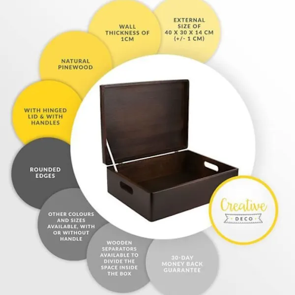 CREATIVE DECO Kistor & Koffertar>XL förvaringslåda i trä att dekorera - - 40 x 30 x 14 cm - med lock och handtag