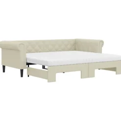 vidaXL Soffor>Dagbädd utdragbar med madrasser gräddvit 90x200 cm konstläder