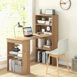 Köksö>Datorskrivbord i trä med integrerad bokhylla och flexibel förva
