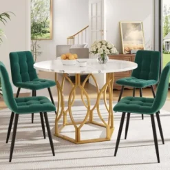 Matgrupper>5-delars matbordset guld/grön – Runt bord ø100 cm med vit MDF-skiva & 4 mörkgröna sammetsstolar, eleganta guldiga ben