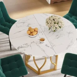 Matgrupper>5-delars matbordset guld/grön – Runt bord ø100 cm med vit MDF-skiva & 4 mörkgröna sammetsstolar, eleganta guldiga ben