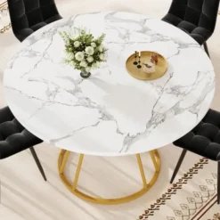 Matgrupper>5-delat matgrupp med 4 sammetsstolar & marmorbord | Runt bord 100x100x76cm | För 4 personer | Alternativ till soffbord | Svart