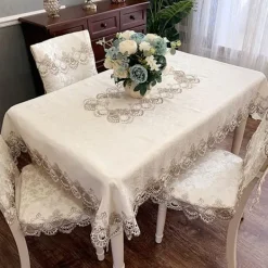 Matgrupper>Duk med blommönster, broderad spets, skrynkelfri & fläckbeständig tygduk, bordsöverdrag för kök, middag - linnegrå 145*145CM