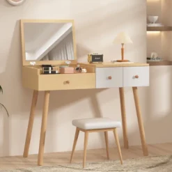 Sminkbord>Elegant sminkbord med spegel & lådor – Kosmetiskt träbord med stort förvaringsutrymme – 100×40×78 cm (B/D/H)