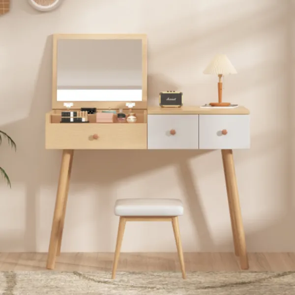 Sminkbord>Elegant sminkbord med spegel & lådor – Kosmetiskt träbord med stort förvaringsutrymme – 100×40×78 cm (B/D/H)