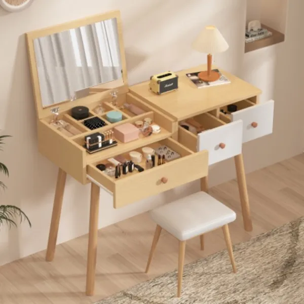 Sminkbord>Elegant sminkbord med spegel & lådor – Kosmetiskt träbord med stort förvaringsutrymme – 100×40×78 cm (B/D/H)
