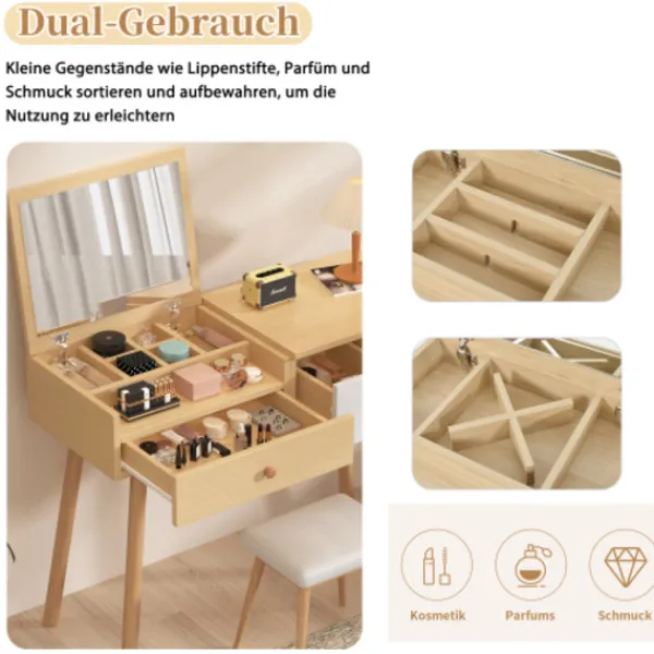 Sminkbord>Elegant sminkbord med spegel & lådor – Kosmetiskt träbord med stort förvaringsutrymme – 100×40×78 cm (B/D/H)