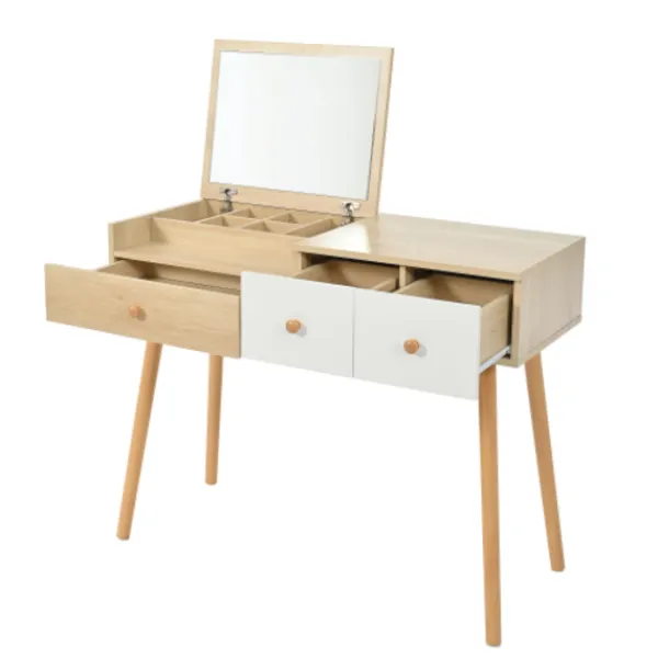 Sminkbord>Elegant sminkbord med spegel & lådor – Kosmetiskt träbord med stort förvaringsutrymme – 100×40×78 cm (B/D/H)