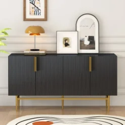 Sideboards>Elegant svart skänk med 4 dörrar – handtag i guldmetall – modernt bufféskåp för matsal/vardagsrum/golv
