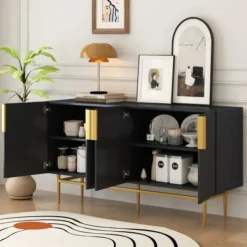 Sideboards>Elegant svart skänk med 4 dörrar – handtag i guldmetall – modernt bufféskåp för matsal/vardagsrum/golv