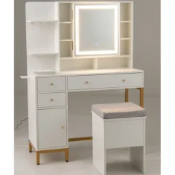 COSTWAY Sminkbord>Ensemble Coiffeuse och Taburett med Belyst Spegel , Laddningsstation LED-lampor 3 Färger, Lådor, Glasyta