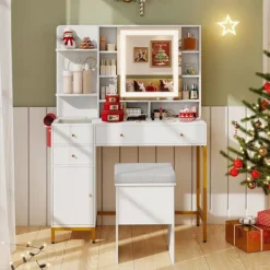 COSTWAY Sminkbord>Ensemble Coiffeuse och Taburett med Belyst Spegel , Laddningsstation LED-lampor 3 Färger, Lådor, Glasyta