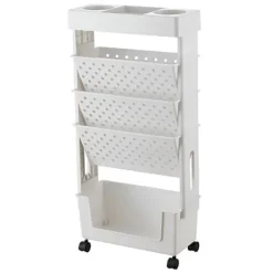 Kontorsmöbler>Flyttbar Bokhylla Flerlagers Kapacitet Roterbar Avtagbar Plast Praktisk Rullande Organisationshylla med Hjul Vit