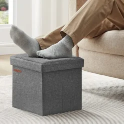 LBJ Sittpuffar>Foldable Soft Footstool with Storage in Dark Grey Fabric