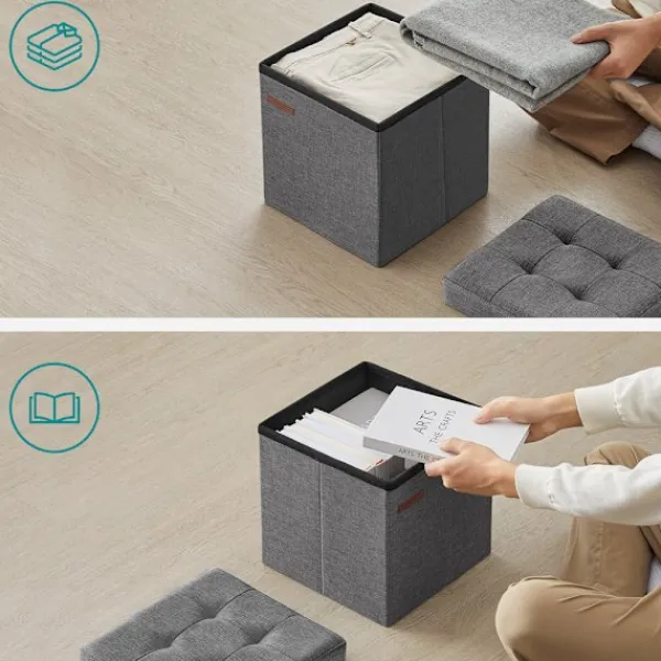 LBJ Sittpuffar>Foldable Soft Footstool with Storage in Dark Grey Fabric
