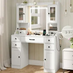 COSTWAY Sminkbord>Frisörbord med Spegel och Justerbart Ljus , Eluttag, 3 Ljuslägen, Hårtorkhållare, Stort Förvaringsutrymme