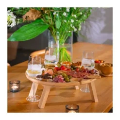 LIVOO Småbord>Förrättsbricka - - MES150 - Gummiträ - Avdelarbricka - 4 skåror för glas - Hopfällbara ben