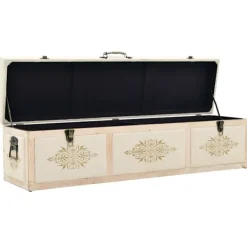 Sittpuffar>Förvaringsbänk 110 cm gräddvit massivt granträ och tyg 15000