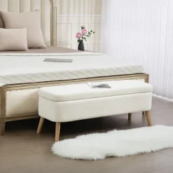 Northio Kistor & Koffertar>Förvaringsfotpall, 65L, Fleece, Gummiträ, 120x42x45 cm, Kräm