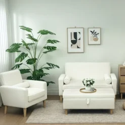 Northio Sittpuffar>Förvaringsottoman med mjukt tyg, träben, krämvit