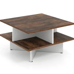 Northix Soffbord>Fyrkantigt soffbord av trä med 4 förvaringshyllor, rustikt brunt