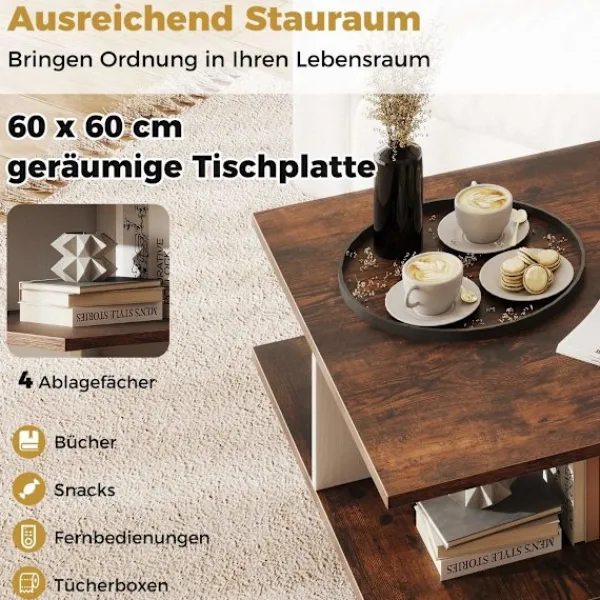 Northix Soffbord>Fyrkantigt soffbord av trä med 4 förvaringshyllor, rustikt brunt