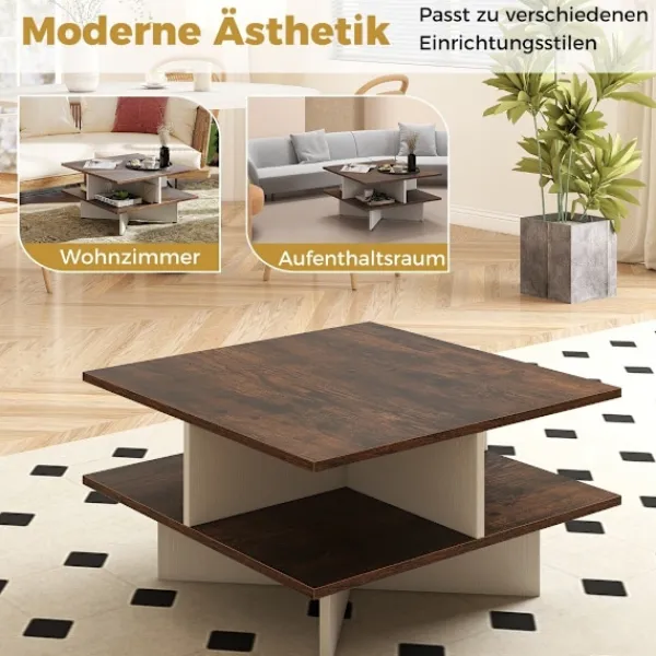 Northix Soffbord>Fyrkantigt soffbord av trä med 4 förvaringshyllor, rustikt brunt