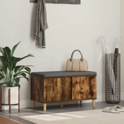 vidaXL Balkongmöbler>Hallbänk med kudde med lagring med dörr Rökt ek 60 x 38 x 46 cm