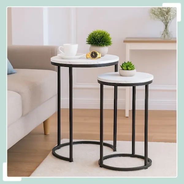 Northix Småbord>Häckningsbord i marmorlook, set med 2, metallben